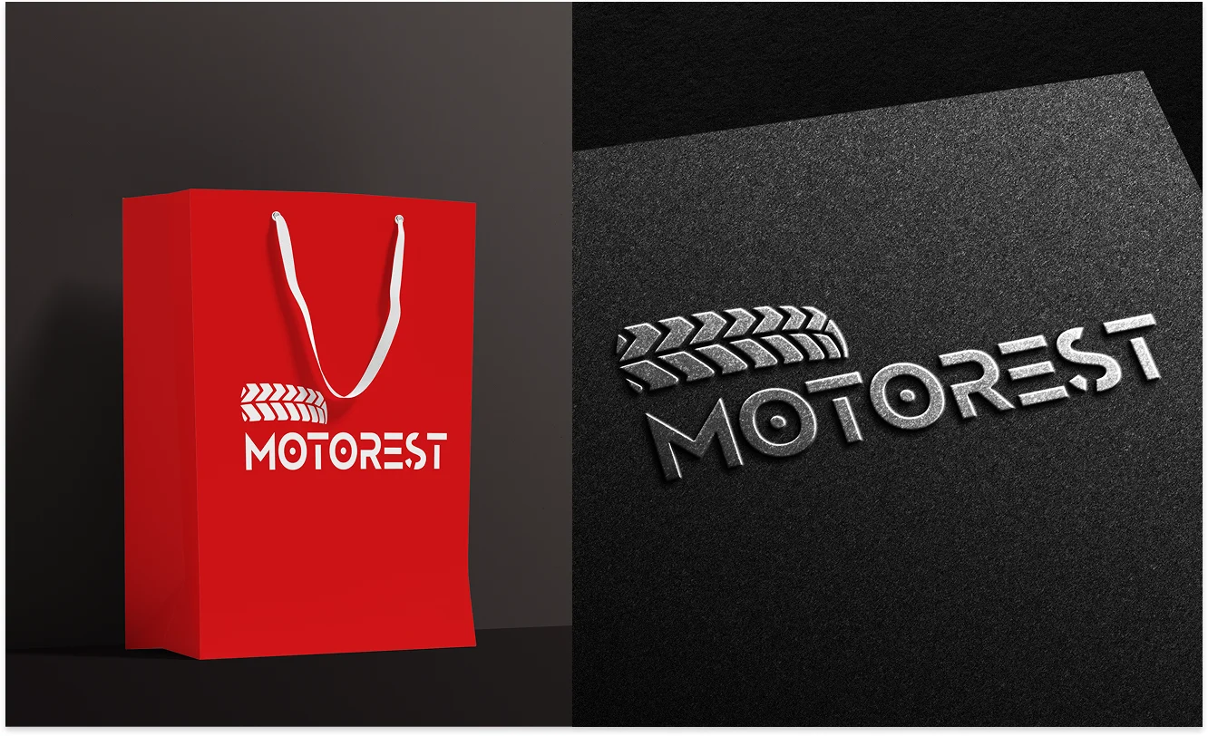 Фирменный стиль Motorest: пакет и логотип с тиснением